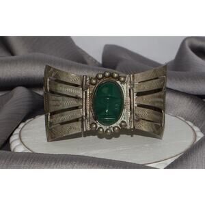 Vintage Mexico Sterling Silver Green Onyx Aztec Warrior Bracelet 60.8G/6.25in